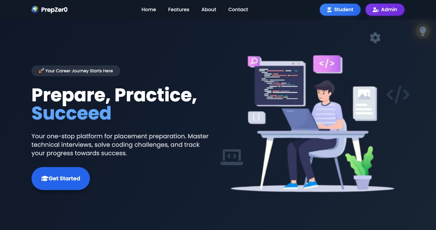 prepzer0.co.in — Prepare, Practice, Succeed: the live Prepzer0 platform landing page